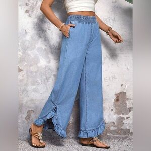 Loose Fit Casual Denim Pants with Ruffled Hem